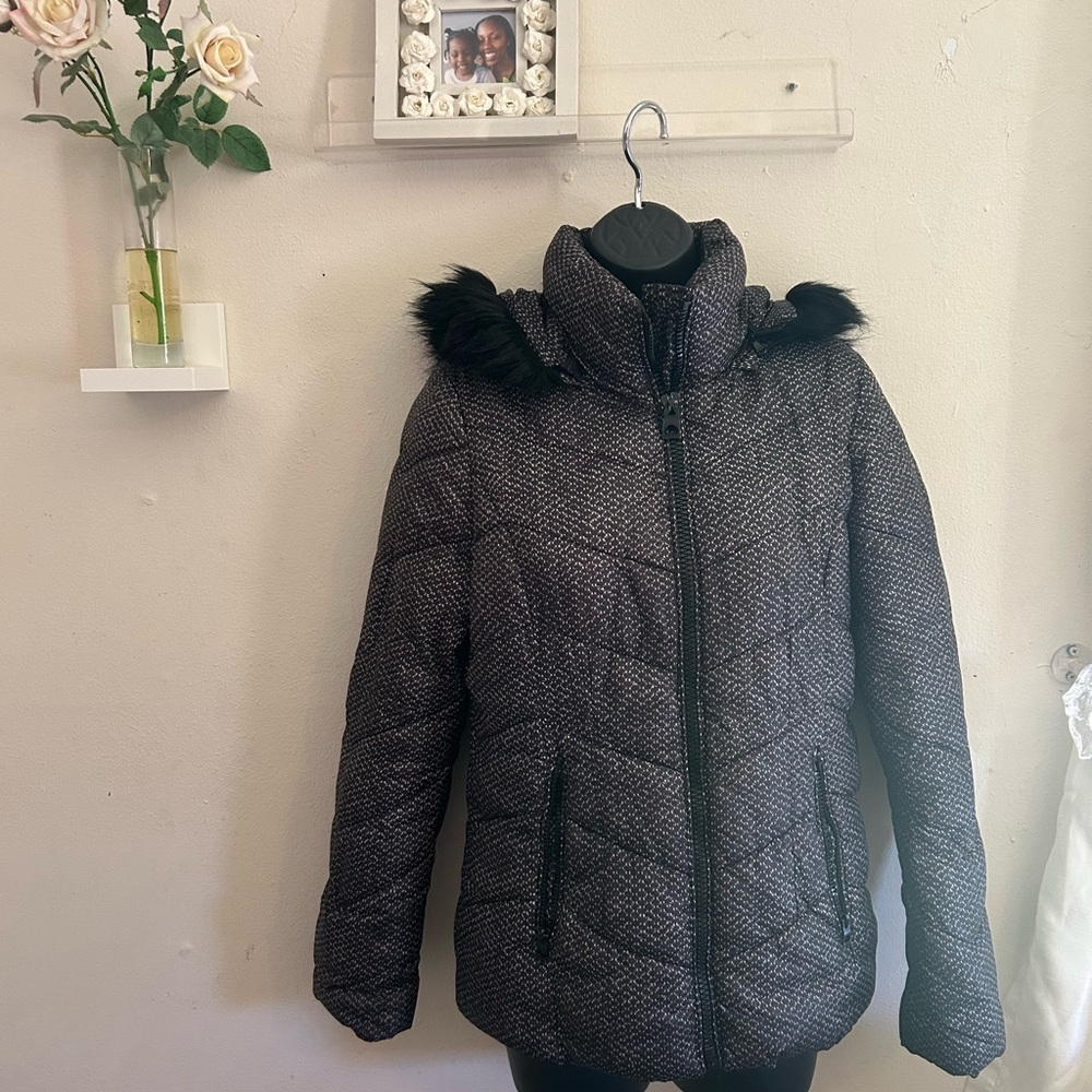 Guess Charcoal Puffer Jacket with Faux Fur Trim